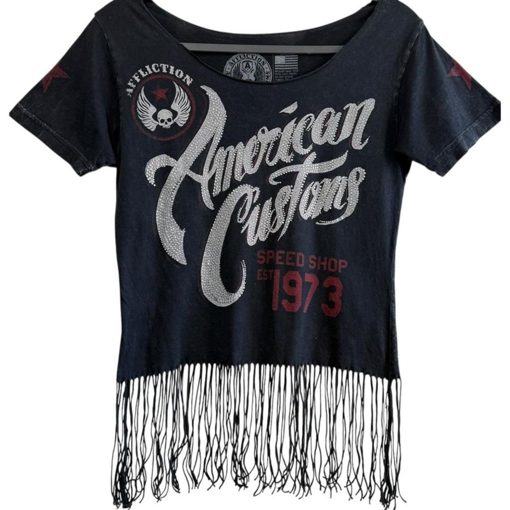 American Custom Rhinestone Fringe Affliction Tee Shirt Small Y2K Moto Biker Glam
